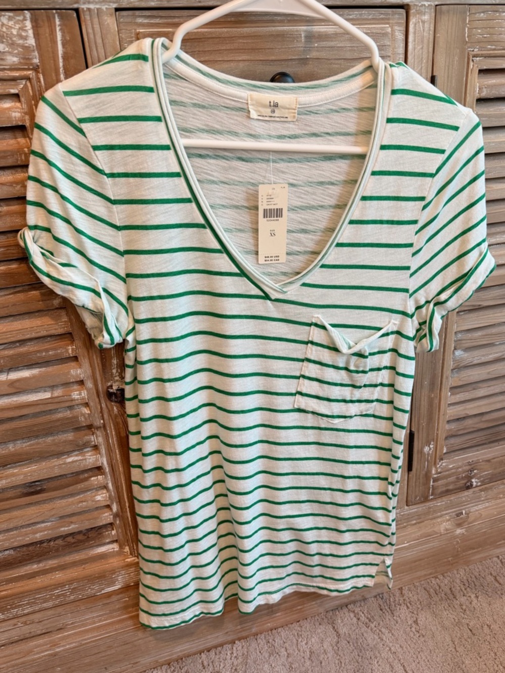 Anthropologie t.La Striped V Neck Tee Green White Casual Summer XS NWT